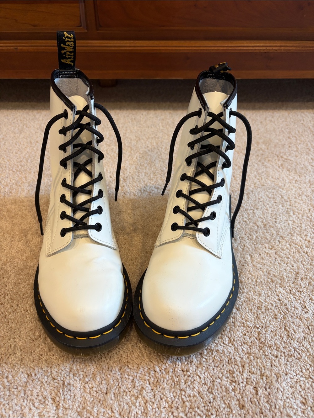 Dr. Martens White Leather 8-Eye Lace-Up Boots with Black Accents